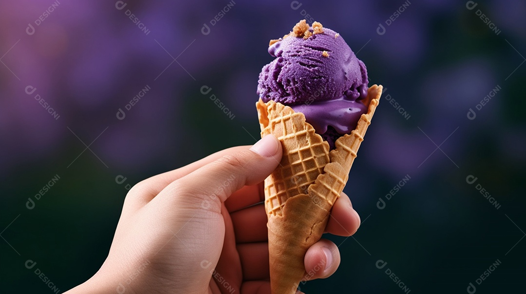 Mãos de pessoa segurando sorvete de casquinha sobre fundo isolado