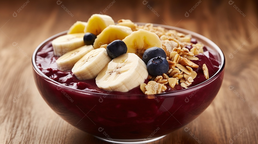 Deliciosa e saboroso Tigela de açaí sobre uma mesa de açaíteria