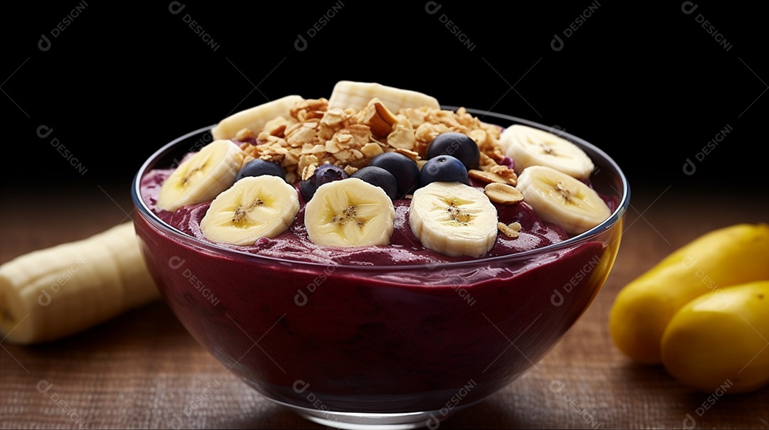 Deliciosa e saboroso Tigela de açaí sobre uma mesa de açaíteria