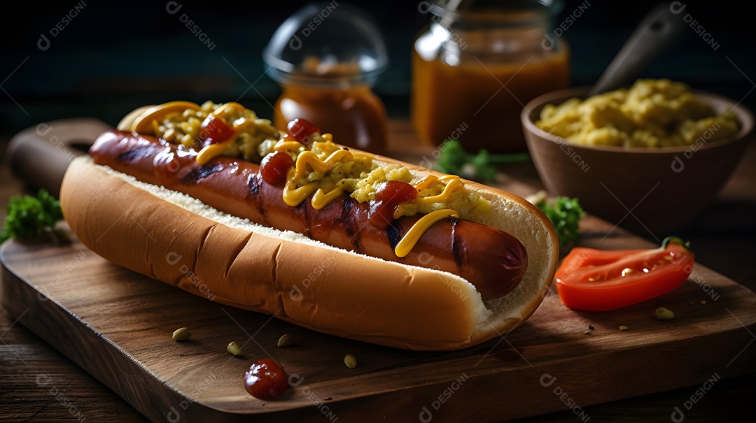 Cachorro quente saboroso sobre uma mesa de madeira