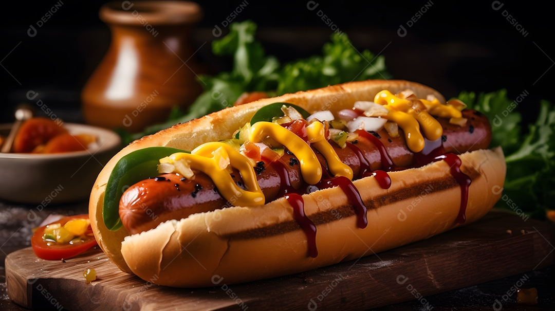 Cachorro quente saboroso sobre uma mesa de madeira