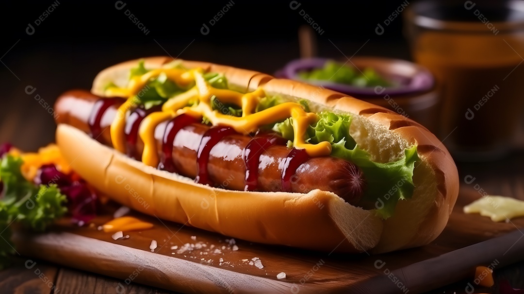 Cachorro quente saboroso sobre uma mesa de madeira