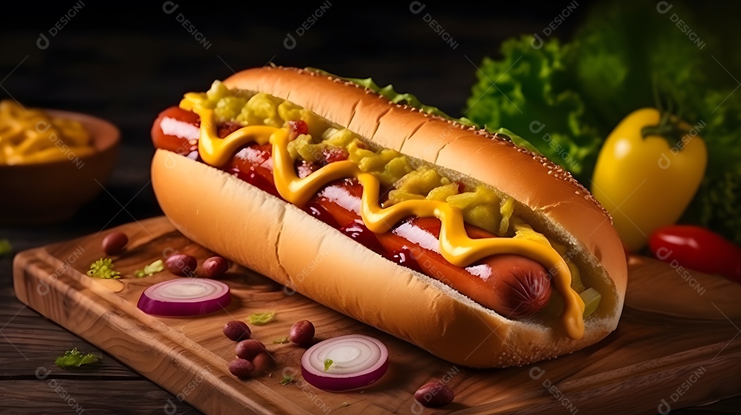 Cachorro quente saboroso sobre uma mesa de madeira