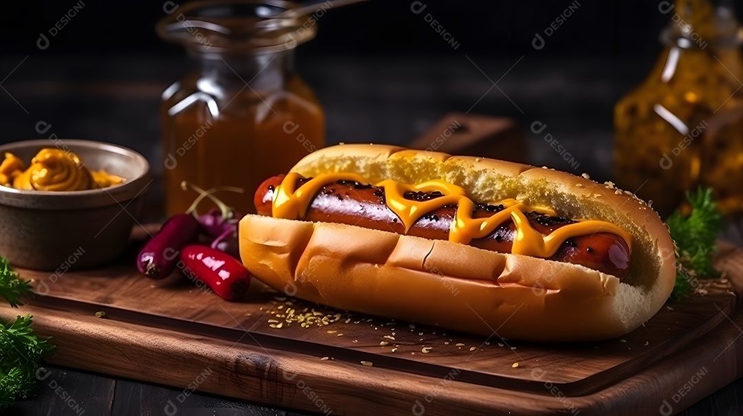 Cachorro quente saboroso sobre uma mesa de madeira