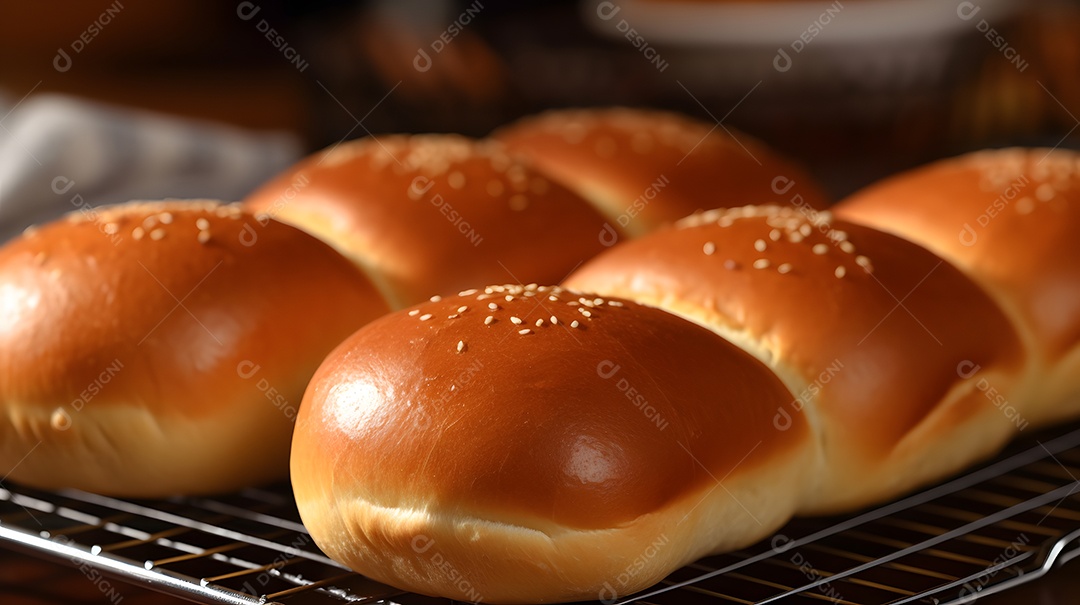 Pães assado e fresco sobre uma mesa de padaria