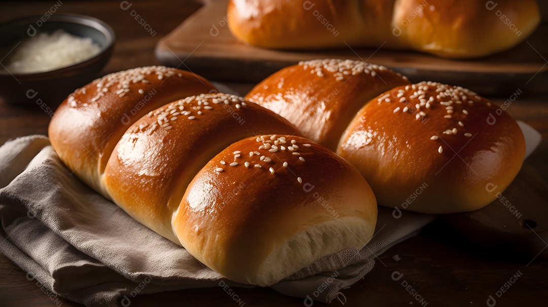 Pães assado e fresco sobre uma mesa de padaria