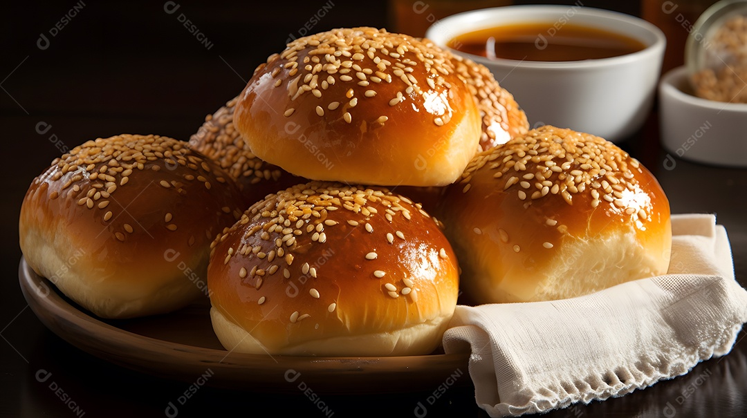 Pães sobre prato em uma mesa de madeira de panificadora