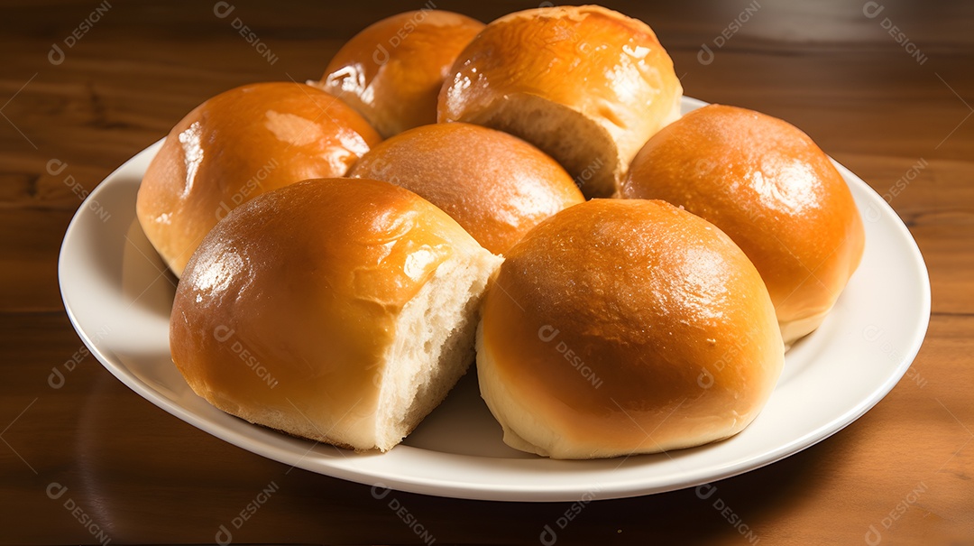 Pães sobre prato em uma mesa de madeira de panificadora
