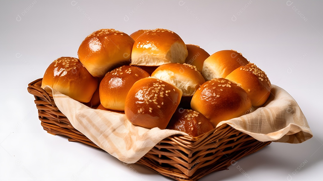 Pães sobre cesta em uma mesa de madeira
