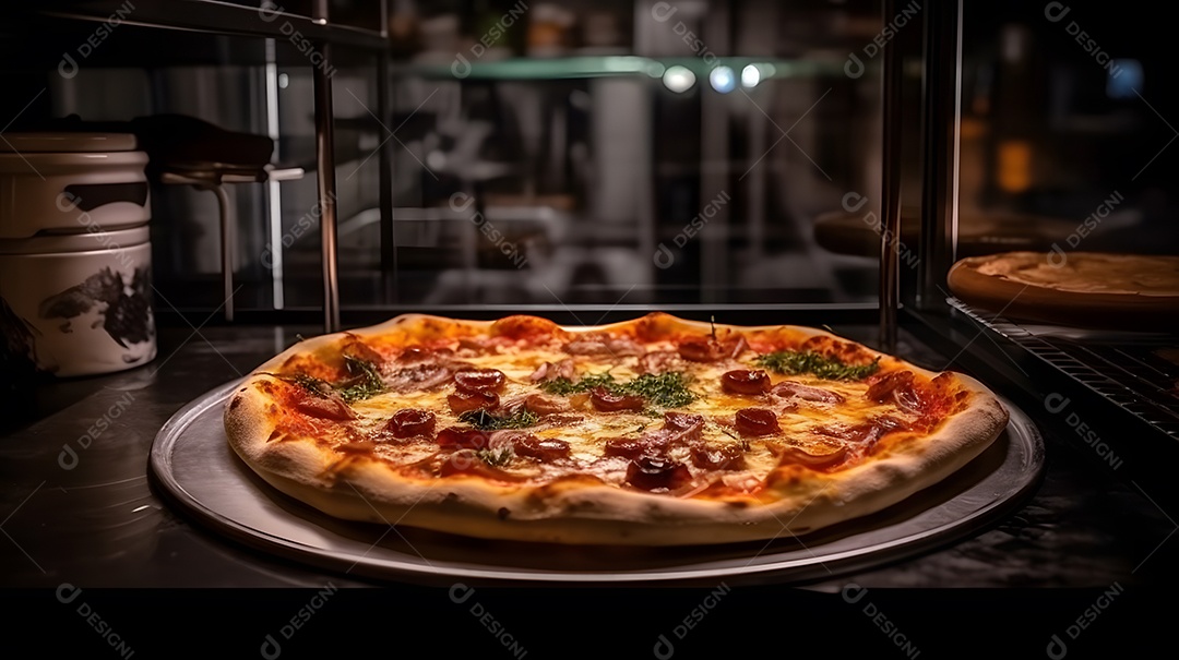 Pizza sobre uma mesa de uma pizzaria