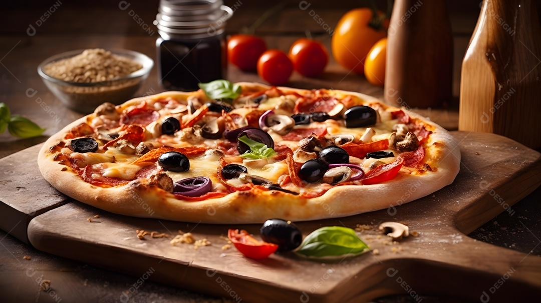 Pizza sobre uma mesa de uma pizzaria