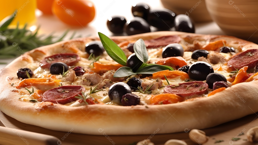 Pizza sobre uma mesa de uma pizzaria