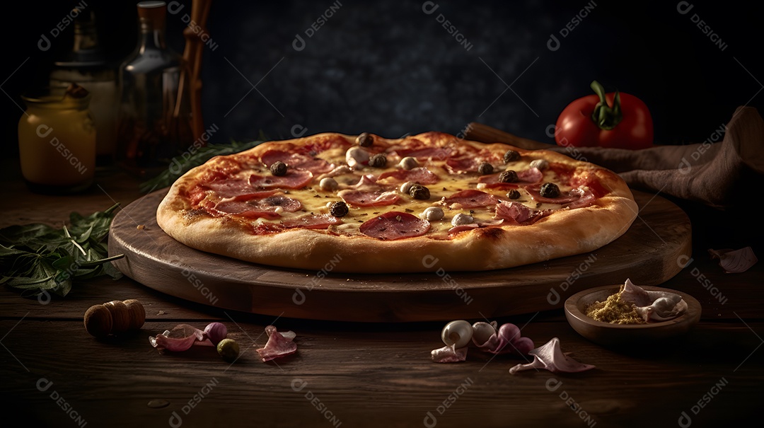 Pizza sobre uma mesa de uma pizzaria