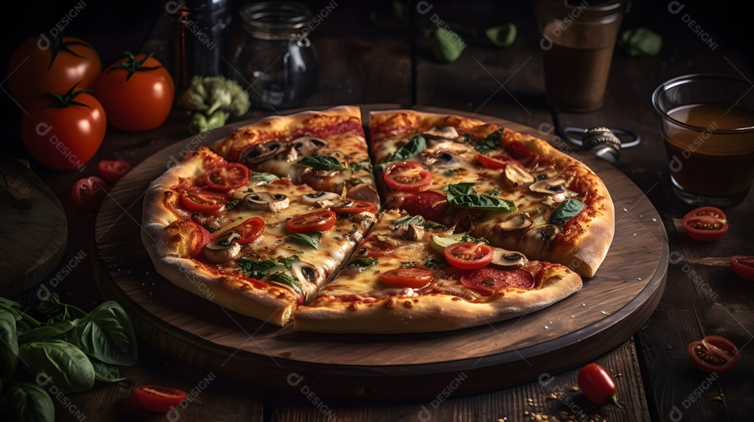 Pizza sobre uma mesa de uma pizzaria