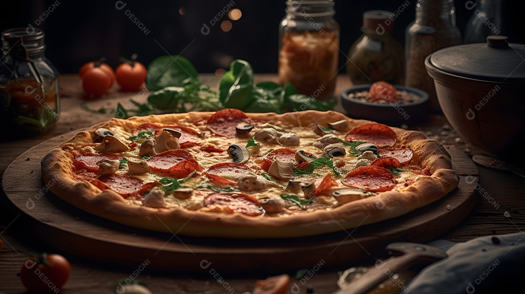 Pizza sobre uma mesa de uma pizzaria