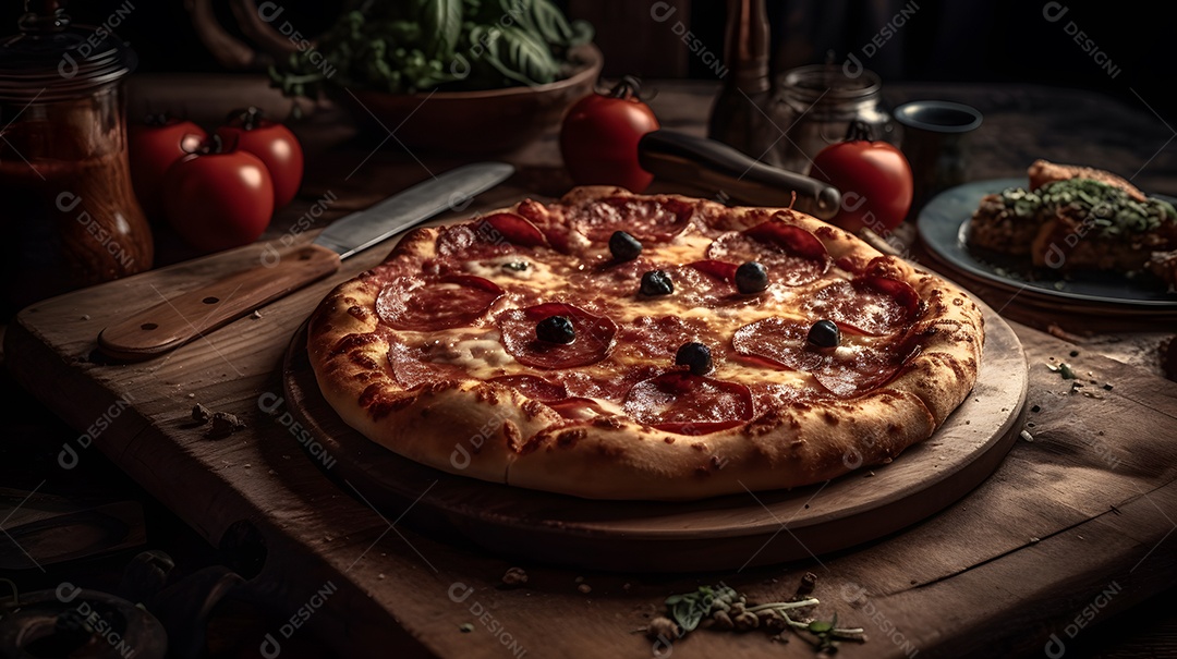 Pizza sobre uma mesa de uma pizzaria