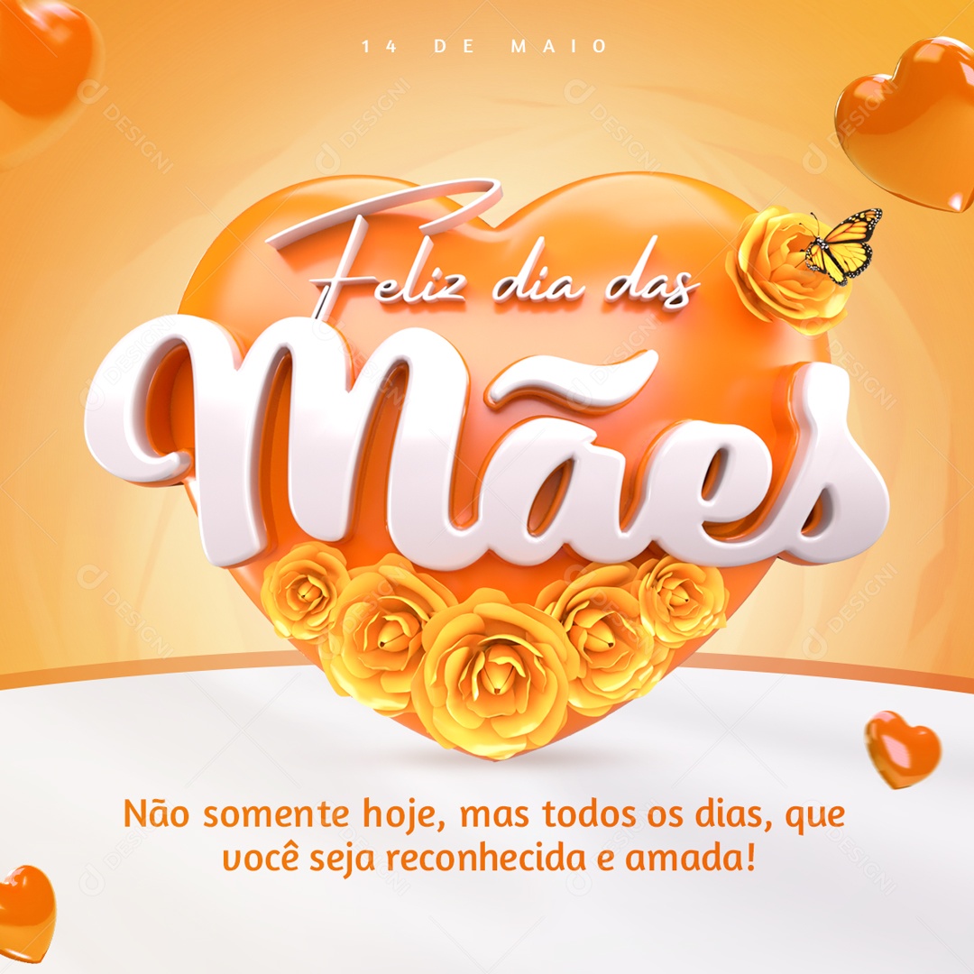 Social Media Feliz Dia Das Mães Coração Amarelo Reconhecida E Amada PSD Editavel