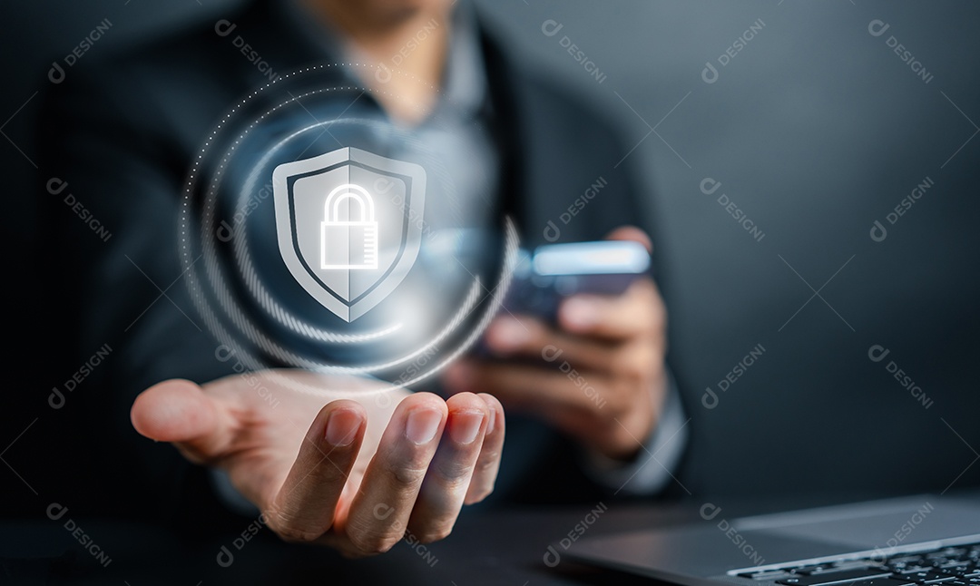 Conceitos de cibersegurança e privacidade para proteger os dados. empresário com tecnologia de segurança de rede de internet.