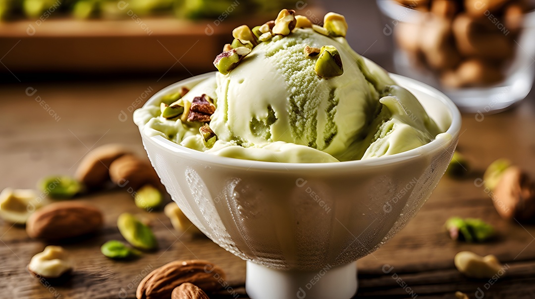 Copo de sorvete sobre uma mesa de madeira