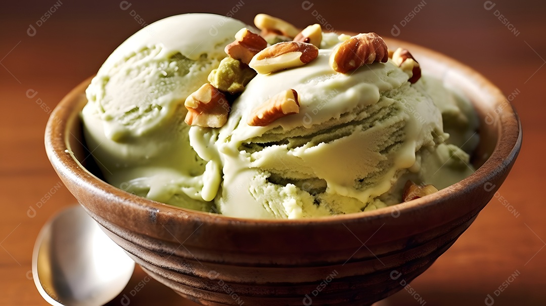 Copo de sorvete sobre uma mesa de madeira