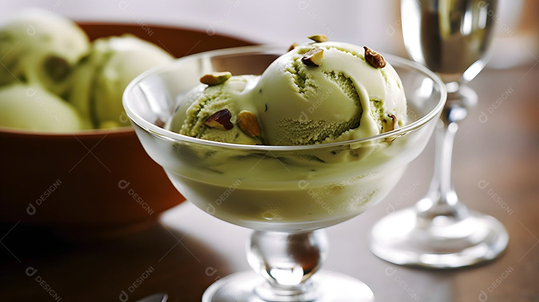 Copo de sorvete sobre uma mesa de madeira