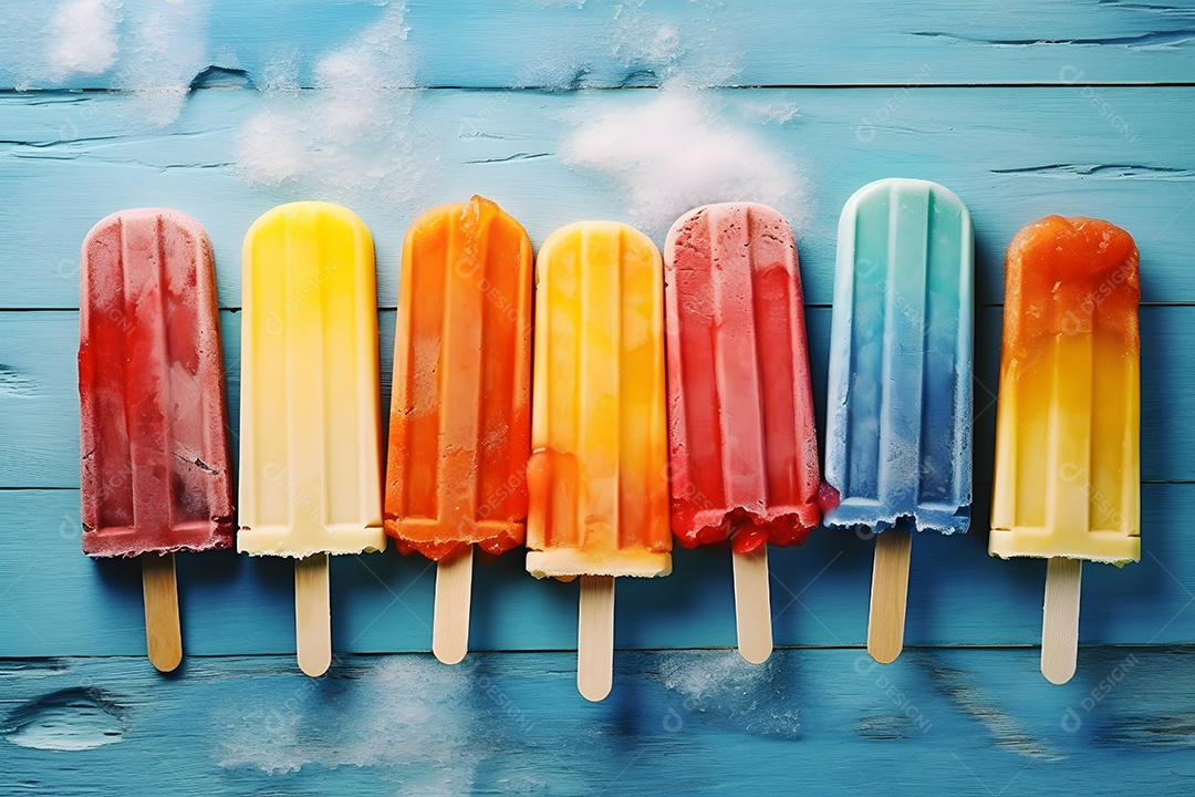 Varias picolés sobre uma mesa de madeira