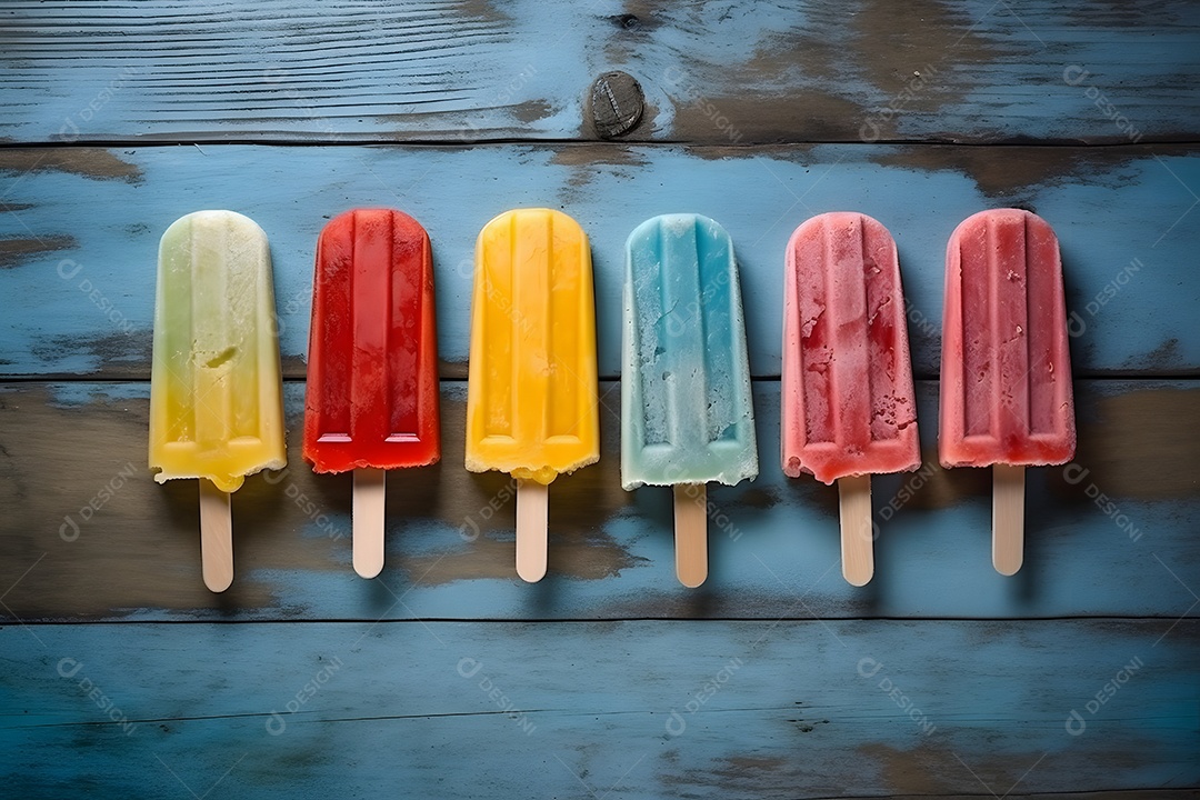 Varias picolés sobre uma mesa de madeira