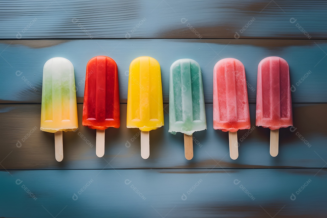 Varias picolés sobre uma mesa de madeira