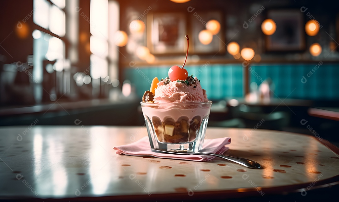 Copo de sorvete sobre uma mesa de madeira