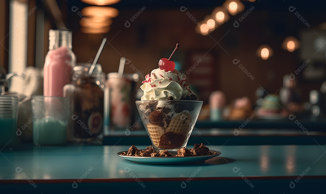 Copo de sorvete sobre uma mesa de madeira