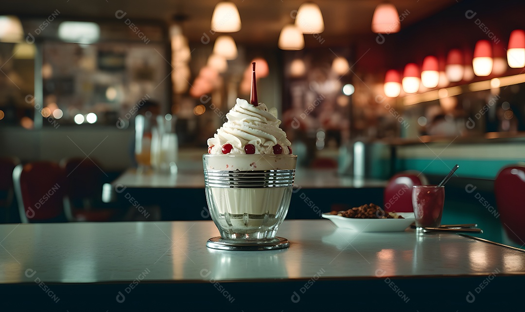 Copo de sorvete sobre uma mesa de madeira