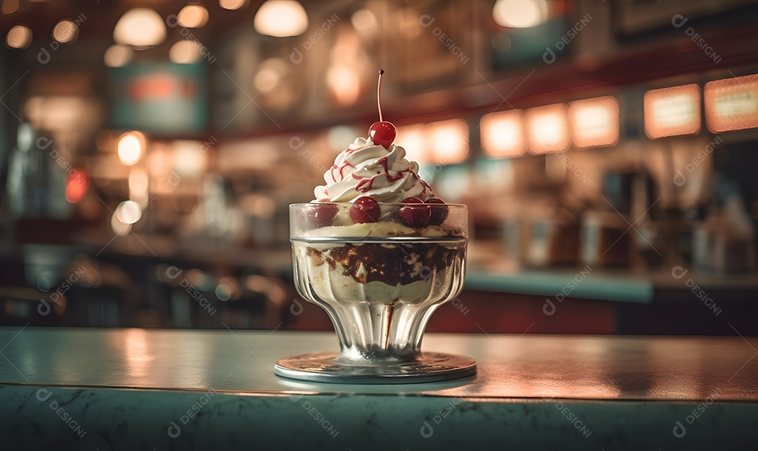 Copo de sorvete sobre uma mesa de madeira