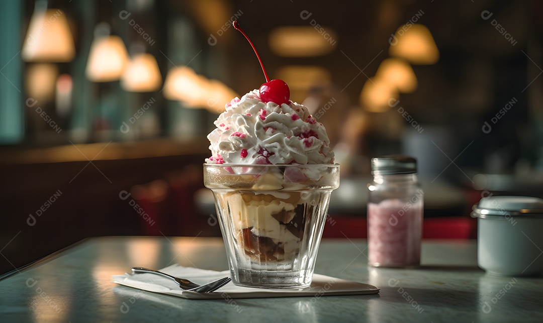 Copo de sorvete sobre uma mesa de madeira