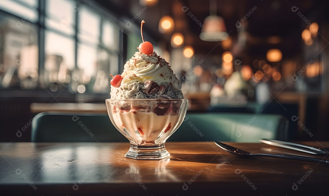 Copo de sorvete sobre uma mesa de madeira