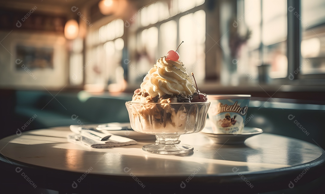 Copo de sorvete sobre uma mesa de madeira