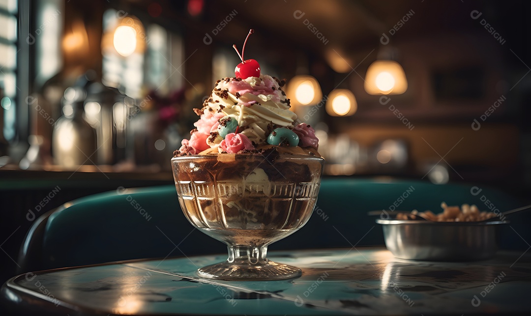 Copo de sorvete sobre uma mesa de madeira