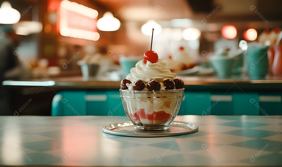 Copo de sorvete sobre uma mesa de sorveteria