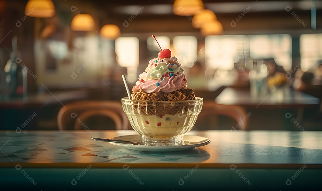 Copo de sorvete sobre uma mesa de sorveteria