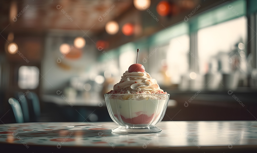 Copo de sorvete sobre uma mesa de sorveteria