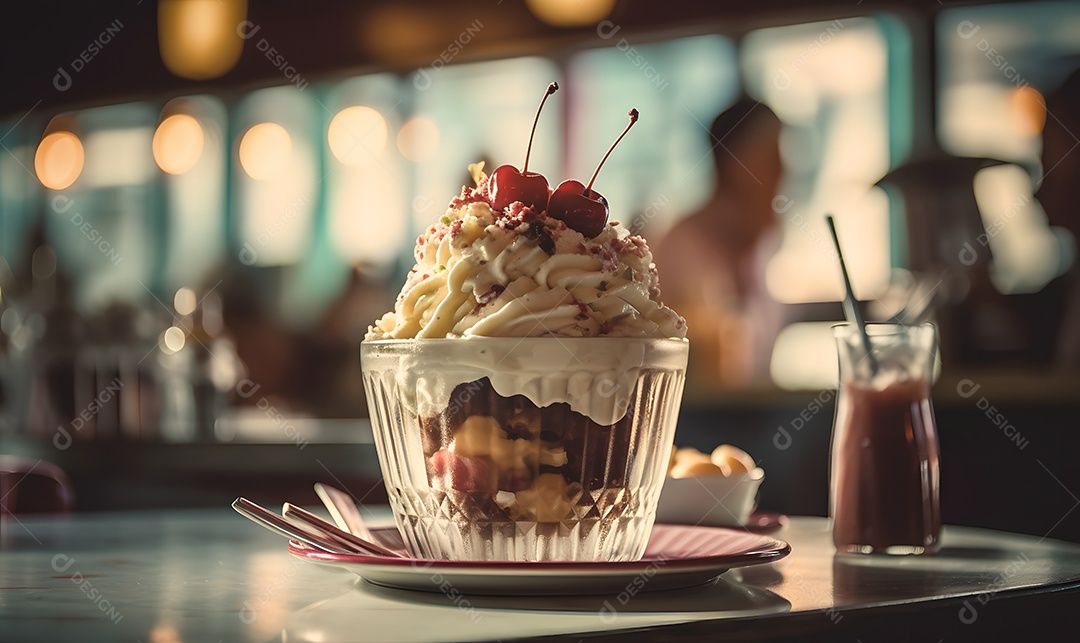 Copo de sorvete sobre uma mesa de sorveteria