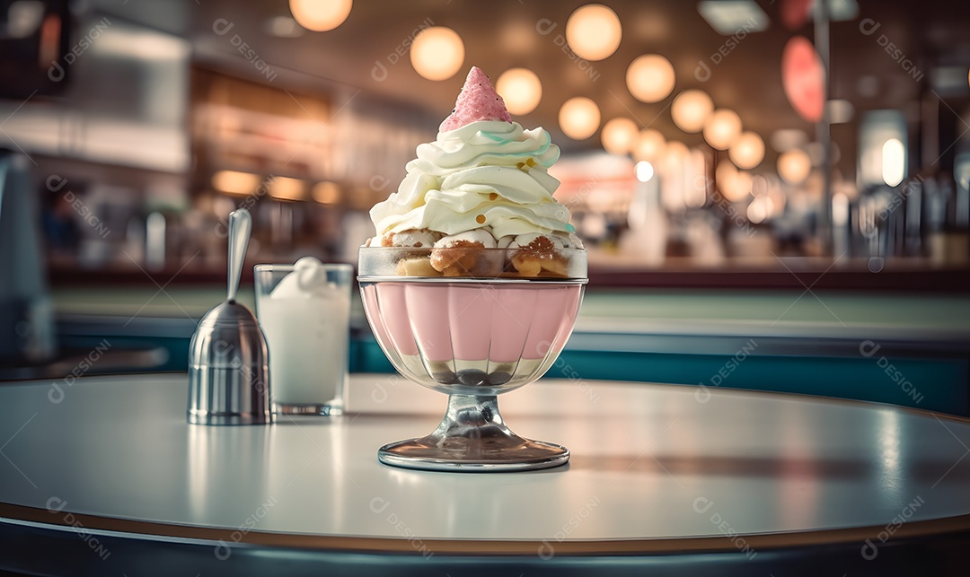 Copo de vidro sorvete sobre uma mesa de sorveteria