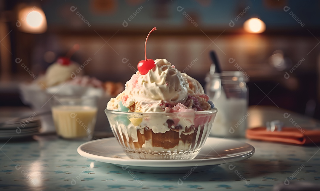 Copo de vidro sorvete sobre uma mesa de sorveteria