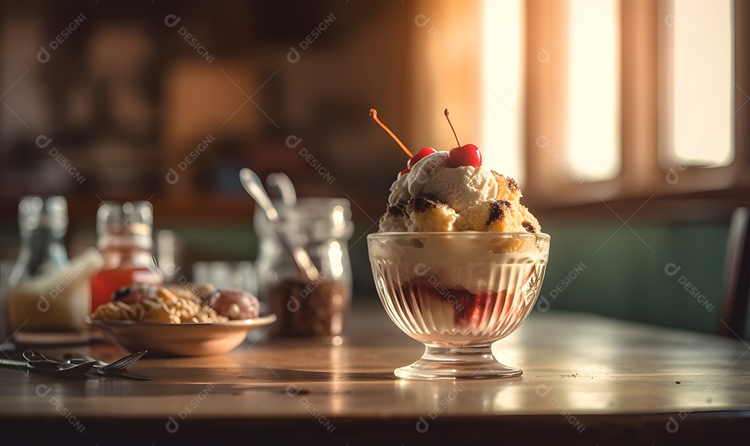 Copo de sorvete sobre uma mesa de sorveteria