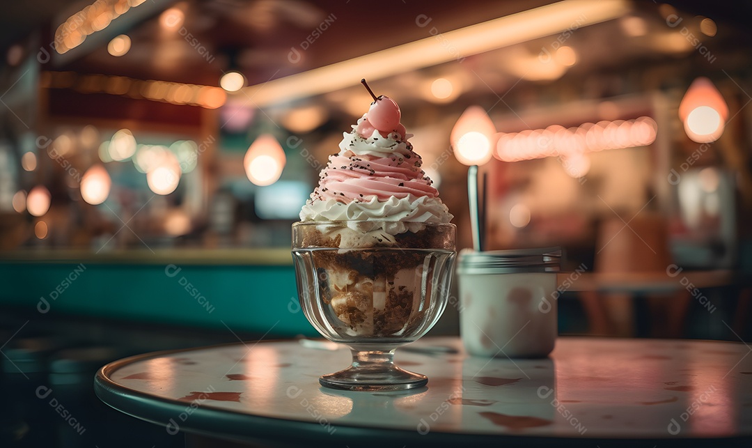 Copo de sorvete sobre uma mesa de sorveteria
