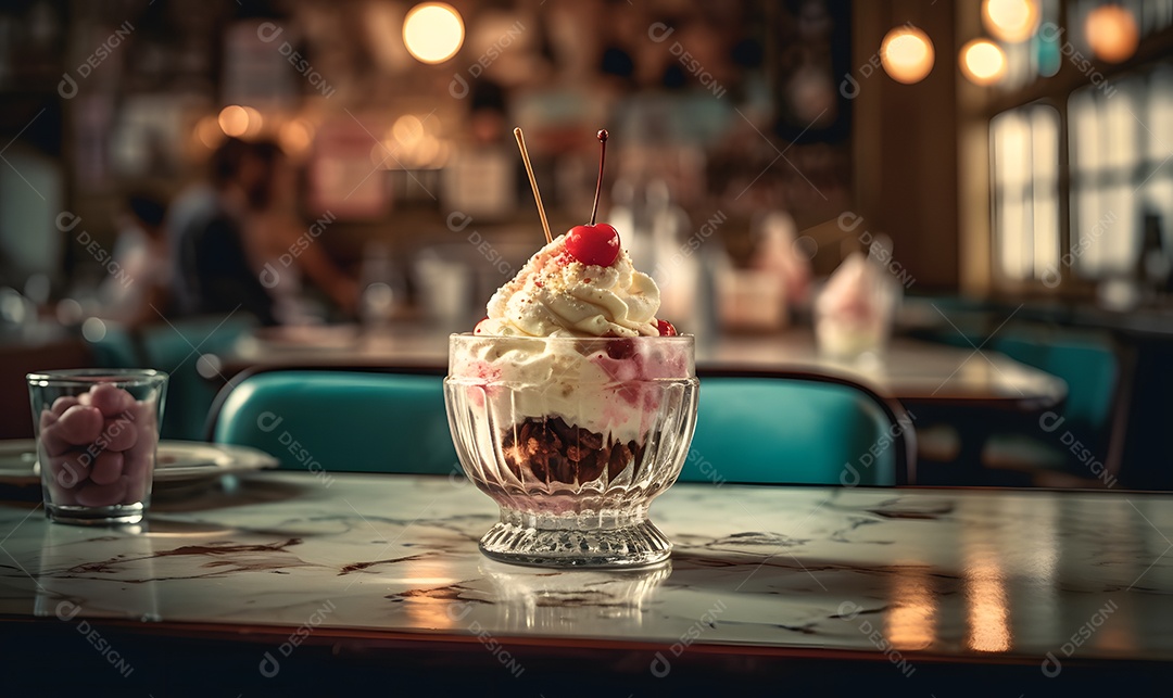 Copo de sorvete sobre uma mesa de sorveteria