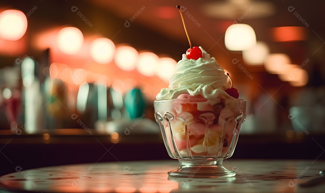 Copo de sorvete sobre uma mesa de sorveteria