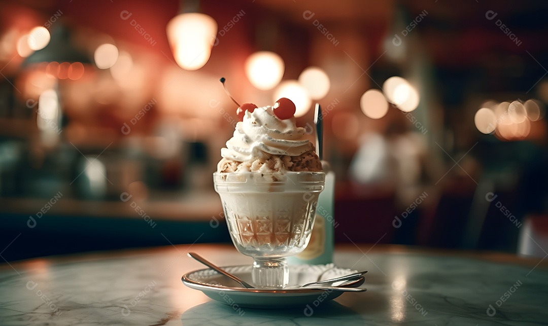 Copo de sorvete sobre uma mesa de madeira