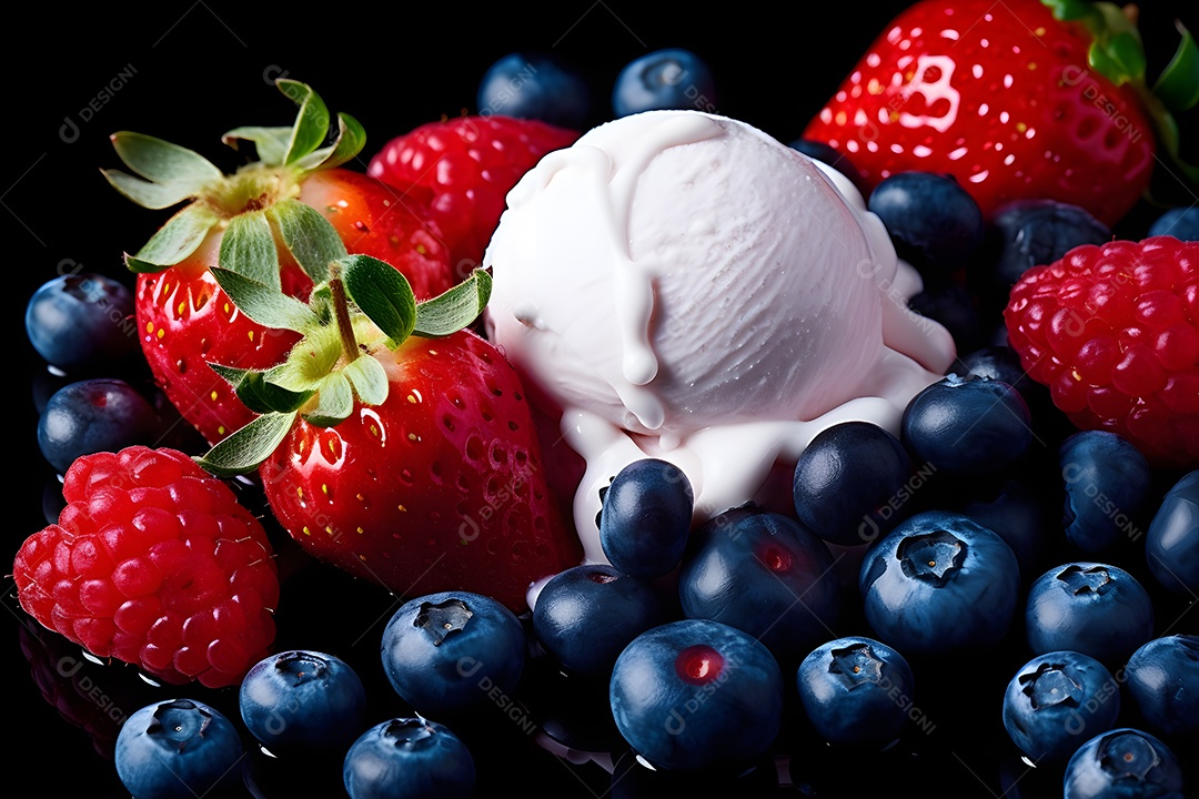 Sorvete e Várias Frutas Vermelhas