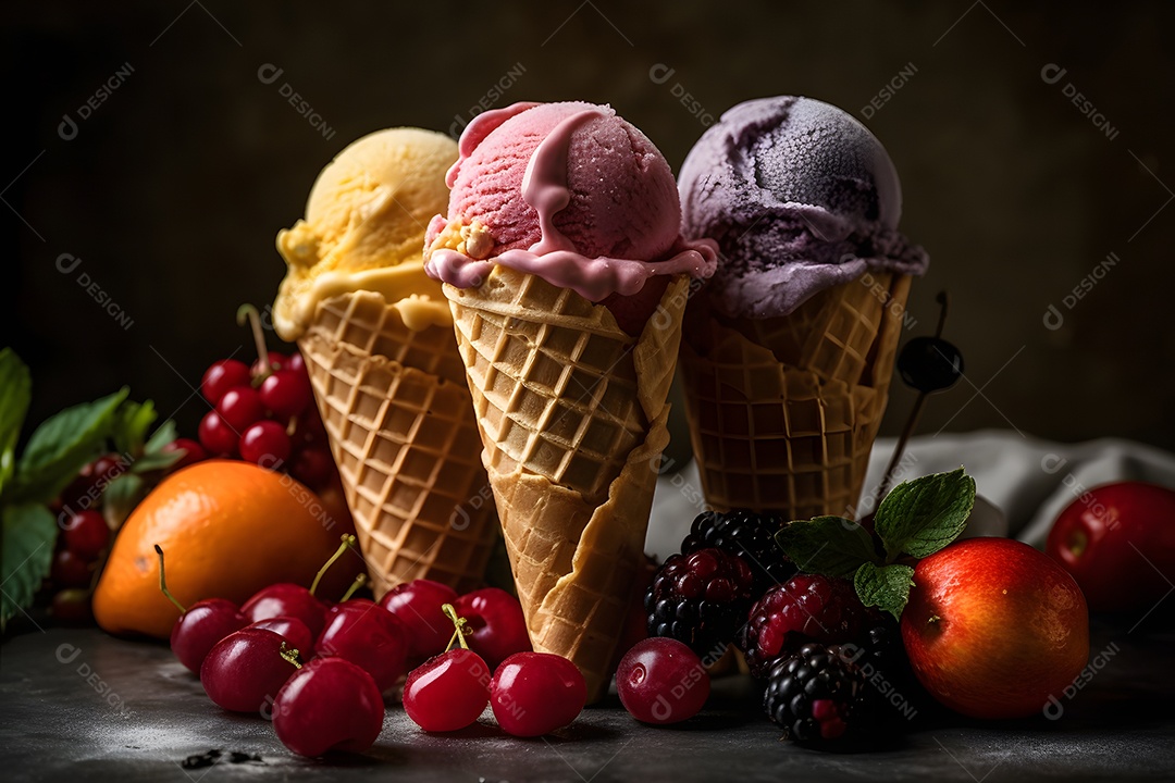 Varias Casquinhas De Sorvete De Vários Sabores e Frutas Ao Redor