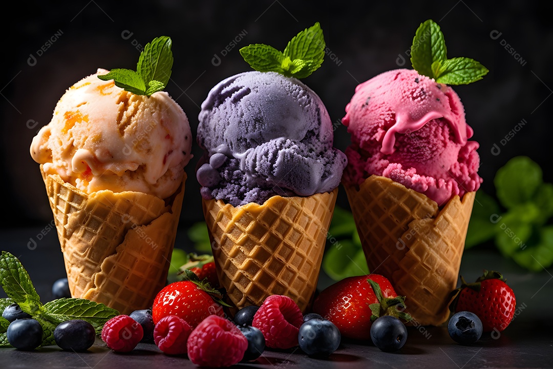 Varias Casquinhas De Sorvete De Vários Sabores e Frutas Ao Redor